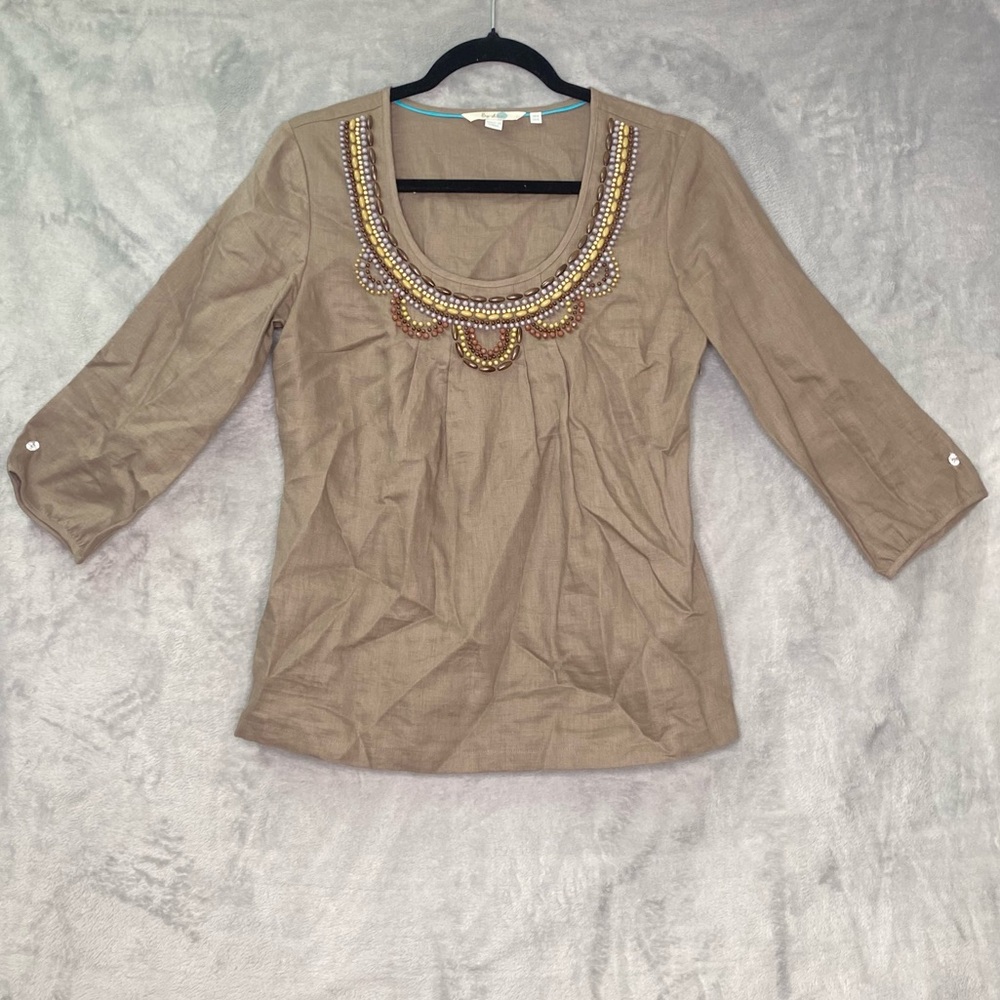 Boden Beaded Neckline 100% linen Boho Hipppie Tunic Top Sz 4